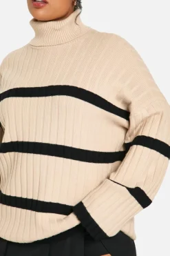 Jumpers*boohoo Plus Roll Neck Thick Rib Stripe Jumper camel