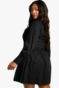 Shirt Dresses|Mini Dresses*boohoo PLUS ROUCHED WAIST SHIRT DRESS black