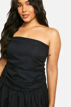 Smock Dresses*boohoo Plus Ruched Bandeau Puff Ball Mini Dress black