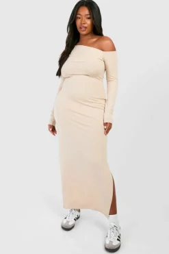 Bodycon Dresses*boohoo Plus Ruched Bardot Long Sleeve Maxi Dress stone