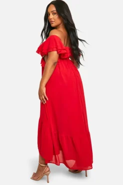 Skater Dresses*boohoo Plus Ruffle Cold Shoulder Maxi Dress red