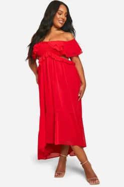 Skater Dresses*boohoo Plus Ruffle Cold Shoulder Maxi Dress red