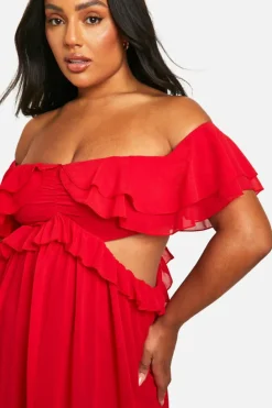 Skater Dresses*boohoo Plus Ruffle Cold Shoulder Maxi Dress red
