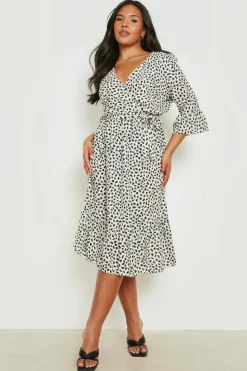 Wrap Dresses*boohoo Plus Ruffle Hem Spotty Wrap Dress ivory