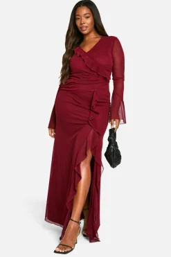 Smock Dresses|Wrap Dresses*boohoo Plus Ruffle Wrap Detail Maxi Dress cherry