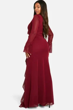 Smock Dresses|Wrap Dresses*boohoo Plus Ruffle Wrap Detail Maxi Dress cherry