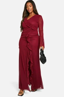 Smock Dresses|Wrap Dresses*boohoo Plus Ruffle Wrap Detail Maxi Dress cherry