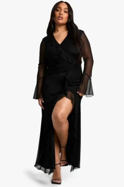 Wrap Dresses|Maxi Dresses*boohoo Plus Ruffle Wrap Detail Maxi Dress black