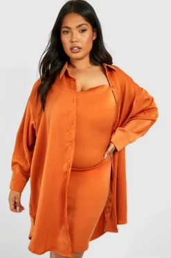 Shirt Dresses*boohoo Plus Satin 2 In 1 Shirt & Satin Slip Dress rust