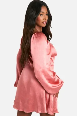 Skater Dresses*boohoo Plus Satin Balloon Sleeve Milkmaid Mini Skater Dress rose