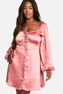 Skater Dresses*boohoo Plus Satin Balloon Sleeve Milkmaid Mini Skater Dress rose