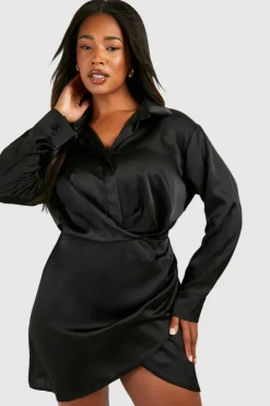 Shirt Dresses|Wrap Dresses*boohoo Plus Satin Collar Shirt Wrap Dress black