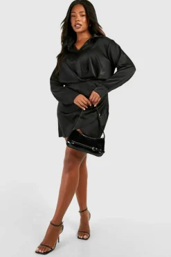 Shirt Dresses|Wrap Dresses*boohoo Plus Satin Collar Shirt Wrap Dress black