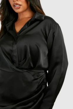 Shirt Dresses|Wrap Dresses*boohoo Plus Satin Collar Shirt Wrap Dress black