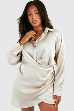 Shirt Dresses|Wrap Dresses*boohoo Plus Satin Collar Shirt Wrap Dress champagne