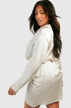 Shirt Dresses|Wrap Dresses*boohoo Plus Satin Collar Shirt Wrap Dress champagne