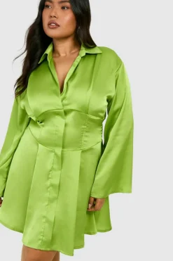 Shirt Dresses*boohoo Plus Satin Corset Detail Flared Sleeve Shirt Dress chartreuse
