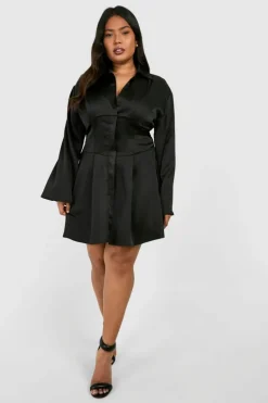 Shirt Dresses*boohoo Plus Satin Corset Detail Flared Sleeve Shirt Dress black