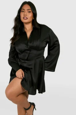 Shirt Dresses*boohoo Plus Satin Corset Detail Flared Sleeve Shirt Dress black