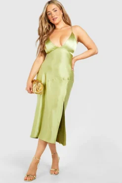 Midi Dresses*boohoo Plus Satin Cross Back Midi Slip Dress green
