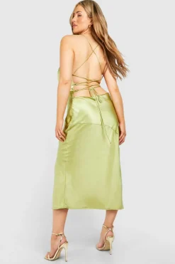 Midi Dresses*boohoo Plus Satin Cross Back Midi Slip Dress green