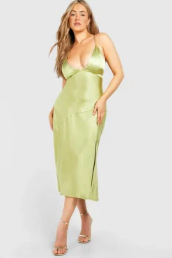 Midi Dresses*boohoo Plus Satin Cross Back Midi Slip Dress green