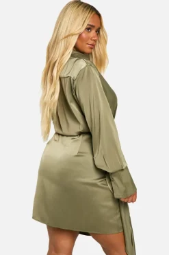 Wrap Dresses*boohoo Plus Satin Drape Wrap Dress khaki