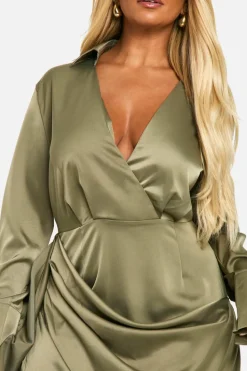Wrap Dresses*boohoo Plus Satin Drape Wrap Dress khaki