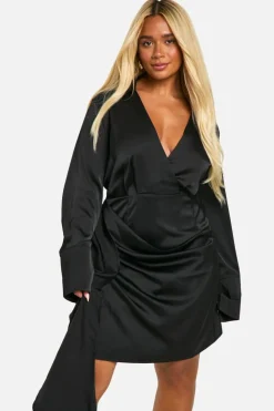 Wrap Dresses*boohoo Plus Satin Drape Wrap Dress black