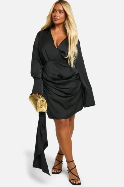 Wrap Dresses*boohoo Plus Satin Drape Wrap Dress black