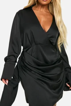 Wrap Dresses*boohoo Plus Satin Drape Wrap Dress black