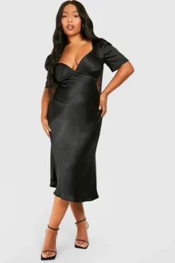 Midi Dresses*boohoo Plus Satin Lace Detail Midi Dress black