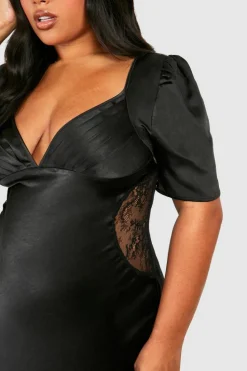 Midi Dresses*boohoo Plus Satin Lace Detail Midi Dress black