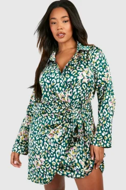 Shirt Dresses|Wrap Dresses*boohoo Plus Satin Print Drape Wrap Shirt Dress leopard