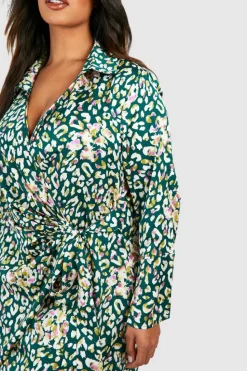 Shirt Dresses|Wrap Dresses*boohoo Plus Satin Print Drape Wrap Shirt Dress leopard