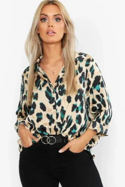 Long Sleeve Tops|Shirts & Blouses*boohoo Plus Satin Leopard Shirt black