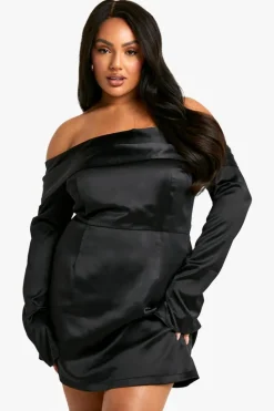 Skater Dresses*boohoo Plus Satin Off The Shoulder Dress black