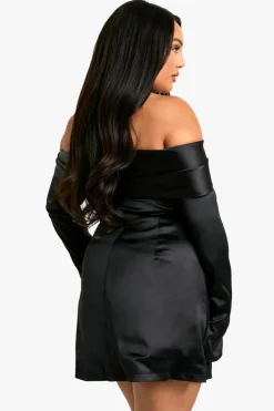 Skater Dresses*boohoo Plus Satin Off The Shoulder Dress black