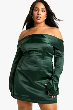 Skater Dresses*boohoo Plus Satin Off The Shoulder Dress emerald