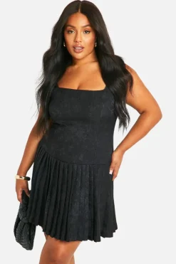 Skater Dresses*boohoo Plus Satin Ruched Ruffle Hem Dress black