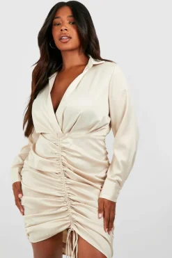 Shirt Dresses|Bodycon Dresses*boohoo Plus Satin Ruched Shirt Dress champagne
