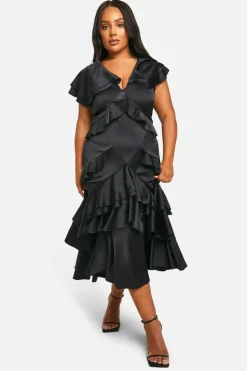 Maxi Dresses*boohoo Plus Satin Ruffle Maxi Dress black