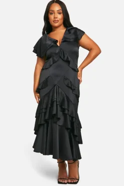 Maxi Dresses*boohoo Plus Satin Ruffle Maxi Dress black