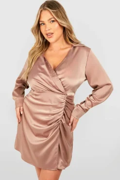 Shirt Dresses|Wrap Dresses*boohoo Plus Satin Shirt Wrap Dress champagne