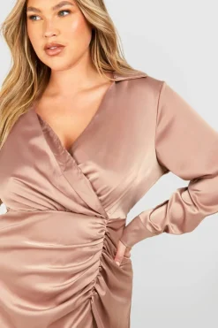 Shirt Dresses|Wrap Dresses*boohoo Plus Satin Shirt Wrap Dress champagne