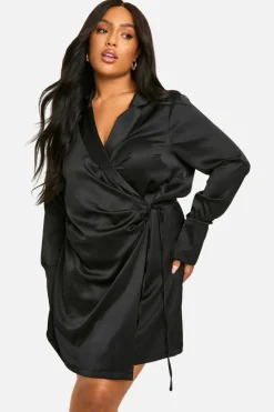 Shirt Dresses|Wrap Dresses*boohoo Plus Satin Tie Wrap Shirt Dress black