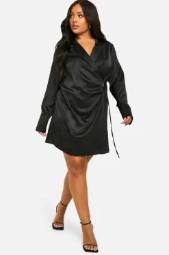 Shirt Dresses|Wrap Dresses*boohoo Plus Satin Tie Wrap Shirt Dress black