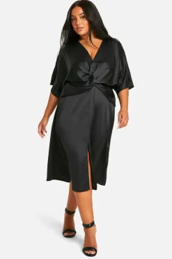 Midi Dresses*boohoo Plus Satin Twist Front Angel Sleeve Midi Dress black