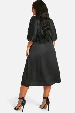Midi Dresses*boohoo Plus Satin Twist Front Angel Sleeve Midi Dress black
