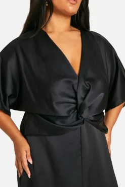 Midi Dresses*boohoo Plus Satin Twist Front Angel Sleeve Midi Dress black